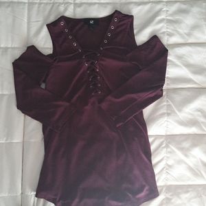 Open shoulder maroon blouse